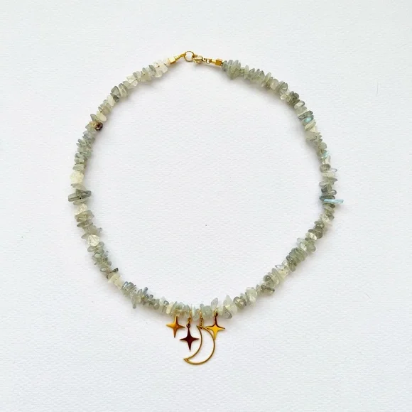 Starry Night natural gemstone lapis lazuli moonstone beads statement necklace - Picture 8 of 10